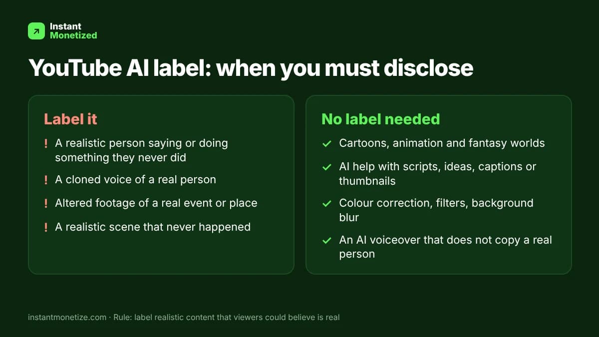 Infographic: when YouTube requires an AI label (realistic people, cloned voices, altered real footage) and when no label is needed (cartoons, AI script help, filters, AI voiceover)