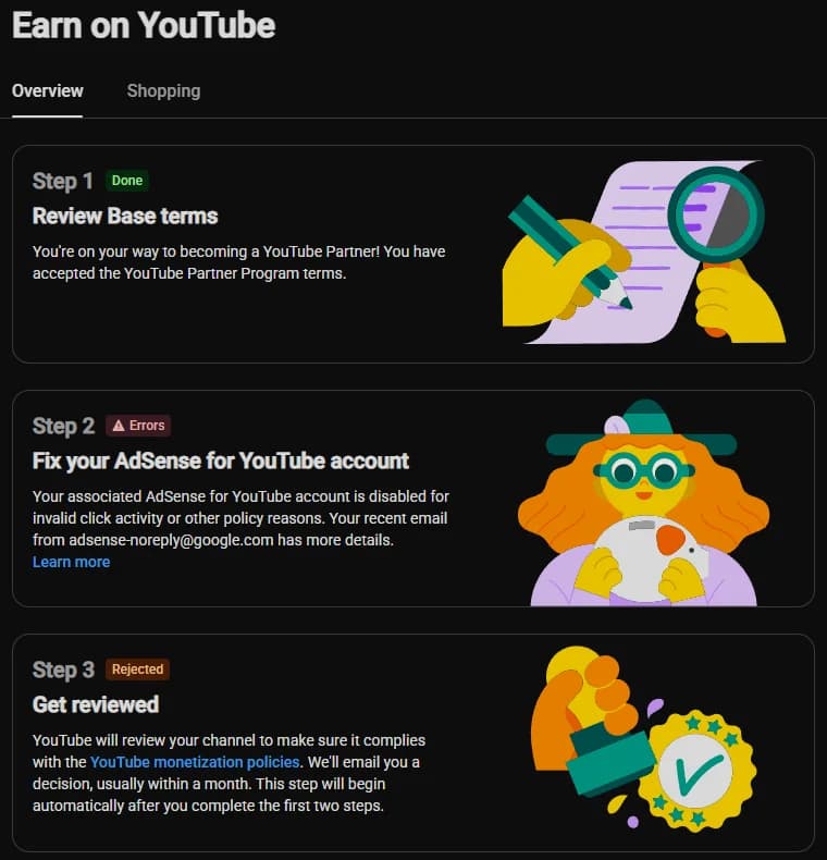 YouTube Studio Earn page showing the three steps to apply for the YouTube Partner Program: review base terms, set up AdSense, get reviewed