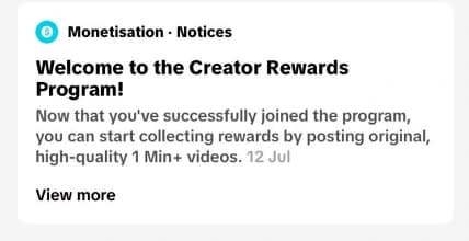 TikTok notice confirming the account joined the Creator Rewards Program