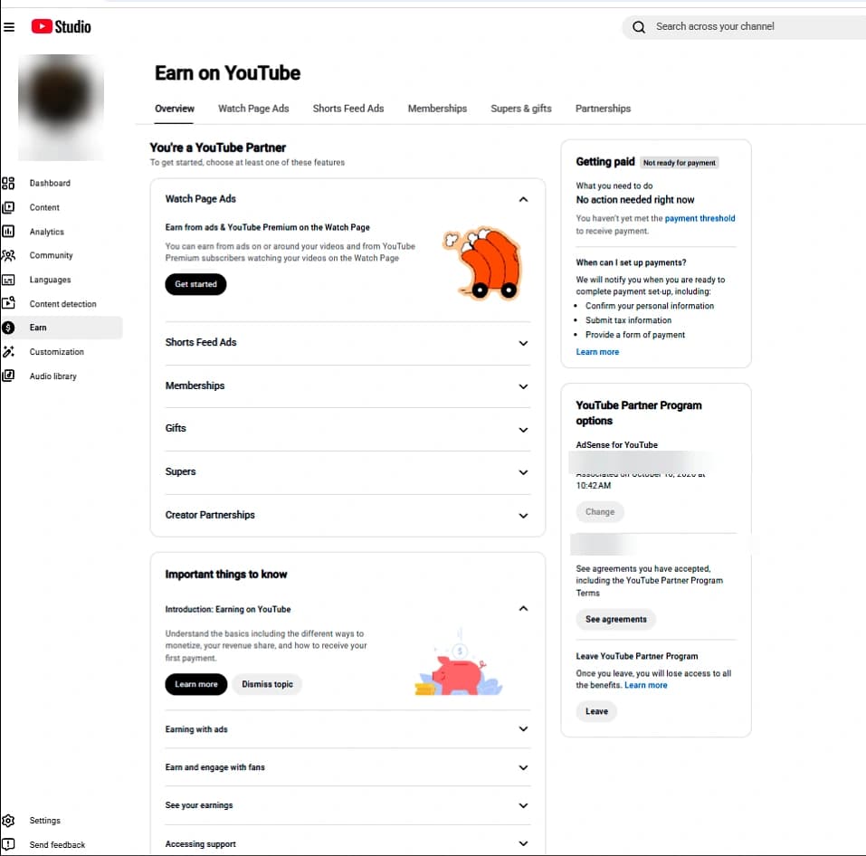 YouTube Studio Earn page of a monetized channel in the YouTube Partner Program