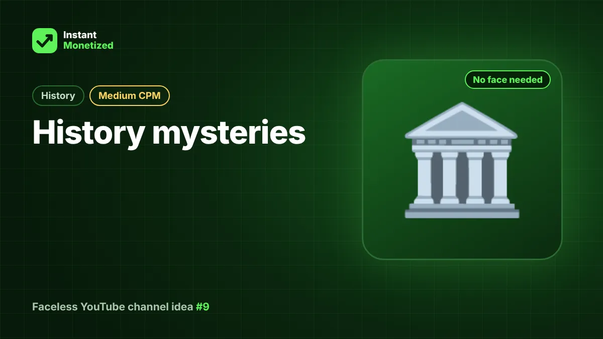 Faceless YouTube channel idea: History mysteries (History, Medium CPM)