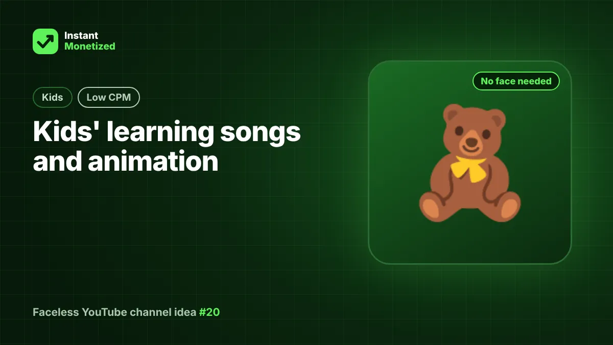 Faceless YouTube channel idea: Kids' learning songs and animation (Kids, Low CPM)