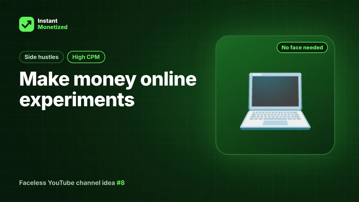 Faceless YouTube channel idea: Make money online experiments (Side hustles, High CPM)