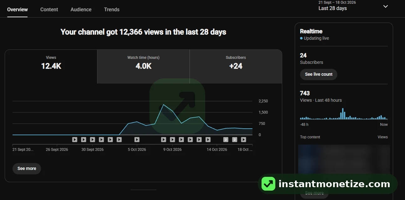 Aged channel: 12.4K views in 28 days. 4.0K watch hours, +24 subscribers