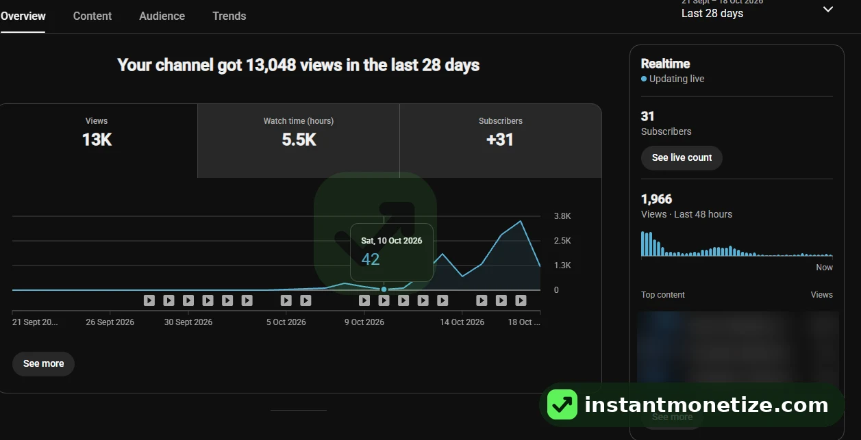 Aged channel: 13K views in 28 days. 5.5K watch hours, +31 subscribers