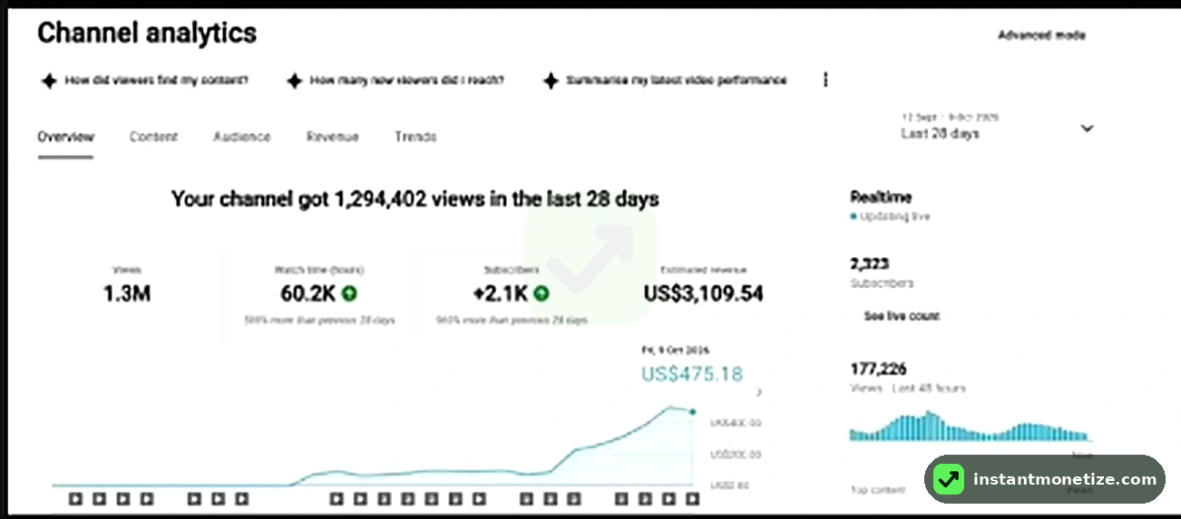 US$3,109 earned in 28 days. 1.3M views, 60.2K watch hours, +2.1K subscribers