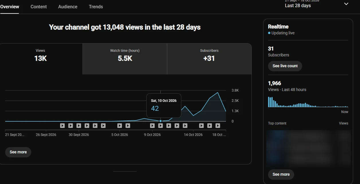 Aged channel: 13K views in 28 days. 5.5K watch hours, +31 subscribers