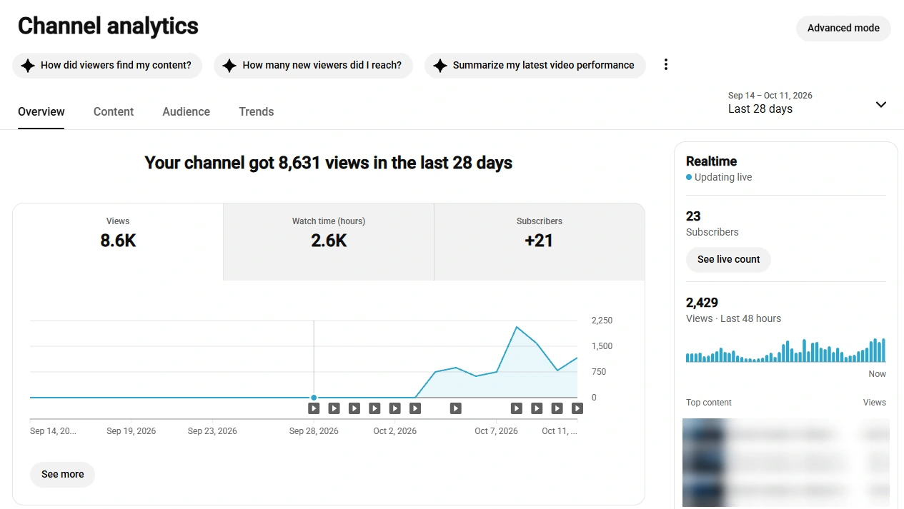 Aged channel: 8.6K views in 28 days. 2.6K watch hours, +21 subscribers